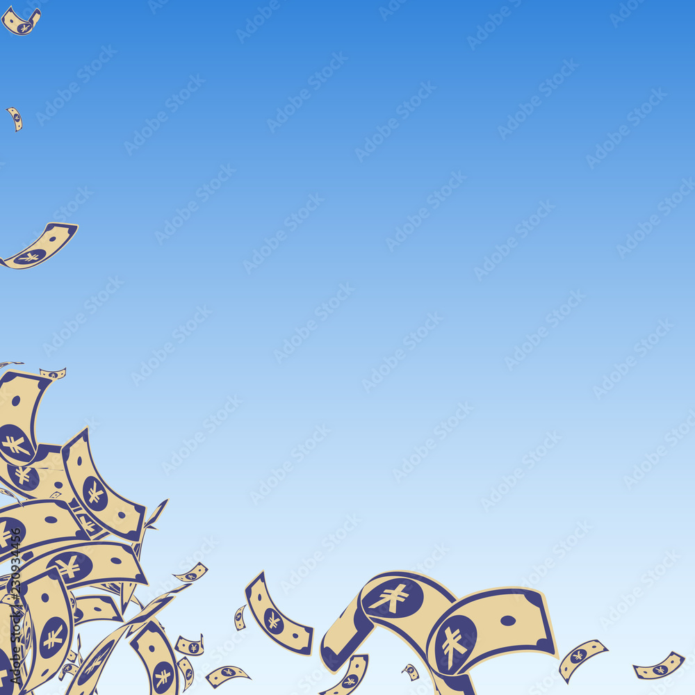 Naklejka premium Chinese yuan notes falling. Messy CNY bills on blu