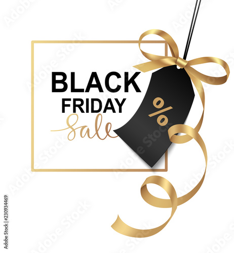 Black friday Sale banner design. Vector illustration.  Golden frame with price tag and gold bow on white background