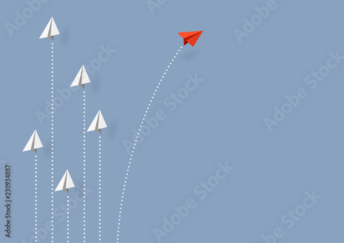 Business concept. Red paper airplane flying changing direction on blue sky of business teamwork and one different vision. Leader, New idea, boss, manager, winner concept, trend. Vector illustration