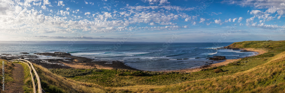 Cowrie beach panorama in late afternoon light. Phillip island, Victoria, Australia