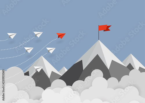 Business concept. Red paper leader airplane flying on blue sky of business teamwork and one different vision. Leader, New idea, boss, manager, winner concept, trend. Vector illustration