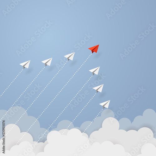Business concept. Red paper leader airplane flying on blue sky of business teamwork and one different vision. Leader, New idea, boss, manager, winner concept, trend. Vector illustration