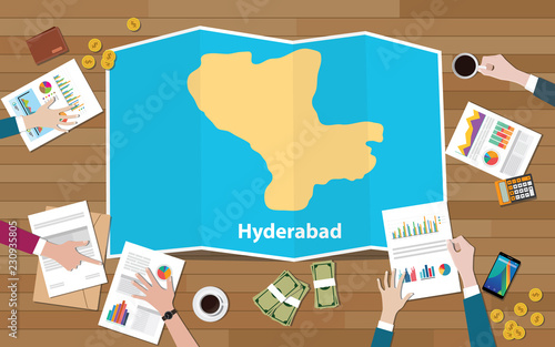 hyderabad india capital city region economy growth with team discuss on fold maps view from top