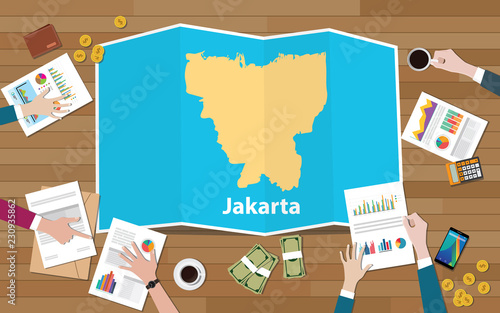 jakarta indonesia capital city region economy growth with team discuss on fold maps view from top