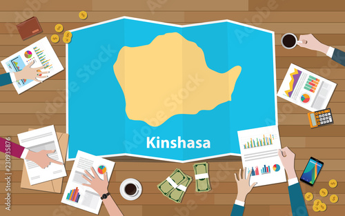 kinshasa congo republic capital city region economy growth with team discuss on fold maps view from top