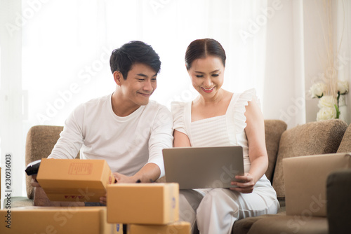 Happy couple at Home office with Online business, Marketing online and freelance job