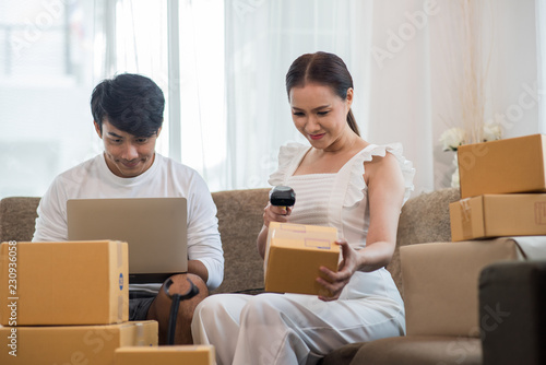 Happy couple at Home office with Online business, Marketing online and freelance job