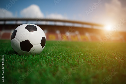 soccer ball on grass with stadium background © Johnstocker
