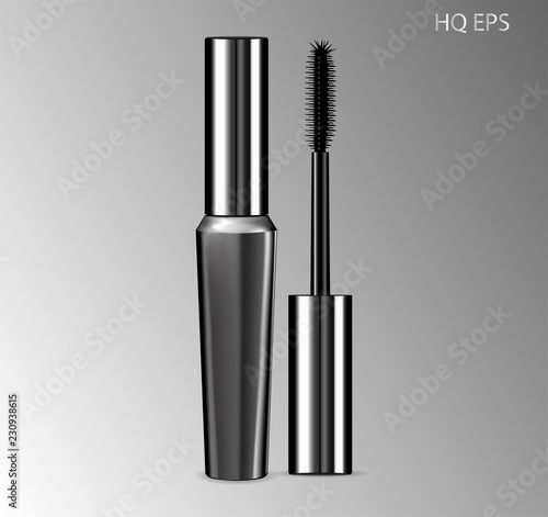 Luxury mascara ads silver package with eyelash applicator brush. Eyeliner Design Promotion Product. 3D realistic cosmetic Vector Illustration.