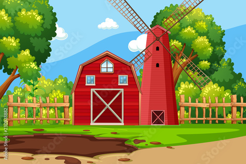 Farm scene with red barn