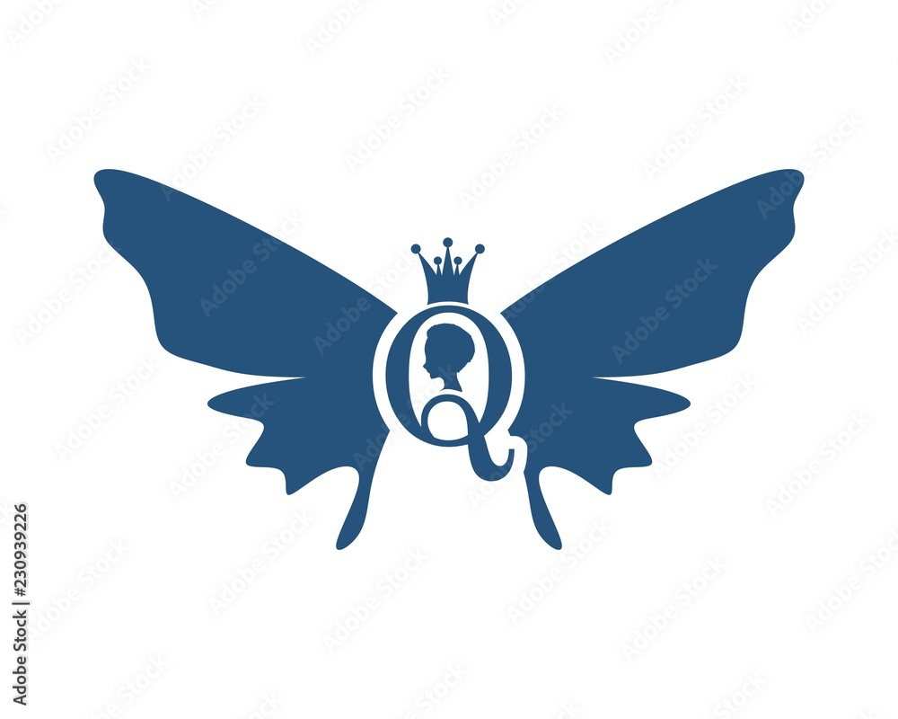 Obraz premium Vintage queen silhouette. Medieval queen profile. Elegant silhouette of a female head. Royal emblem with Q letter decorated by butterfly wings.