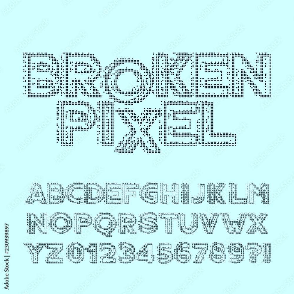 Obraz premium Broken pixel alphabet font. Glitch digital letters and numbers. Stock vector typeface for your design.