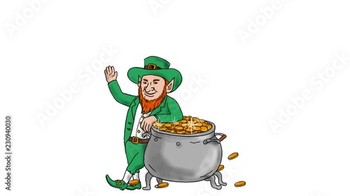 2d Animation motion graphics showing a drawing of an Irish Leprechaun,  type of fairy of the Aos Si in Irish folklore standing by pot of gold and waving on white screen in HD 720 high definition. photo