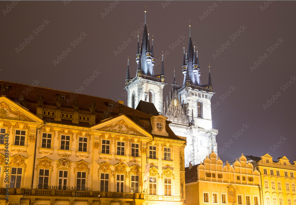 Night time illuminations of the fairy tale Church of our Lady Tyn (1365) in the Magical city of Prague, Czech republic