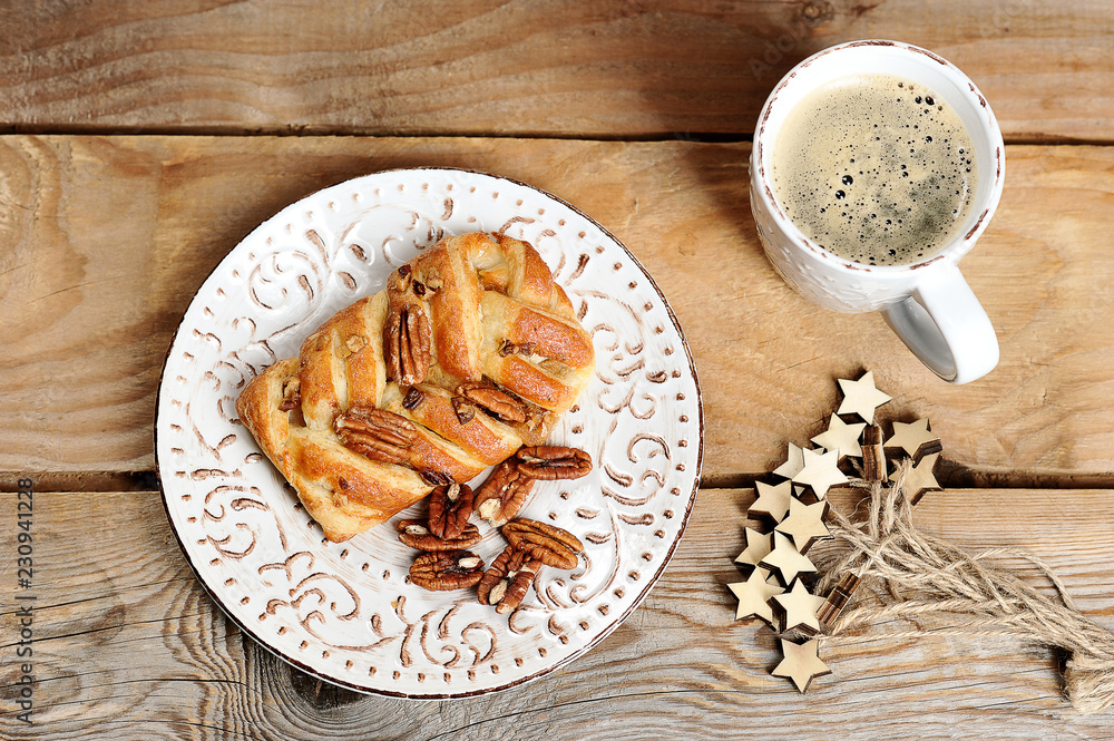 bun with pecan and coffee bun with pecan and coffee