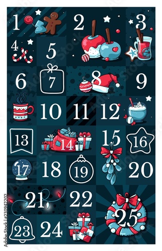 Christmas advent calendar, cute hand drawn doodle style. Twenty five christmas countdown printable tags collection with doodle illustrations. Count down till christmas kit. Advent calendar.
