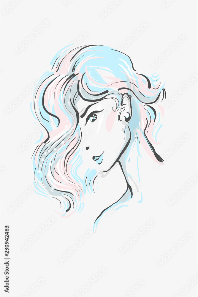 Young beautiful woman with bob haistyle , fashion illustration in tender pink and blue pastel winter colors Young beautiful woman with bob haistyle , fashion illustration in tender pink and blue pastel winter colors