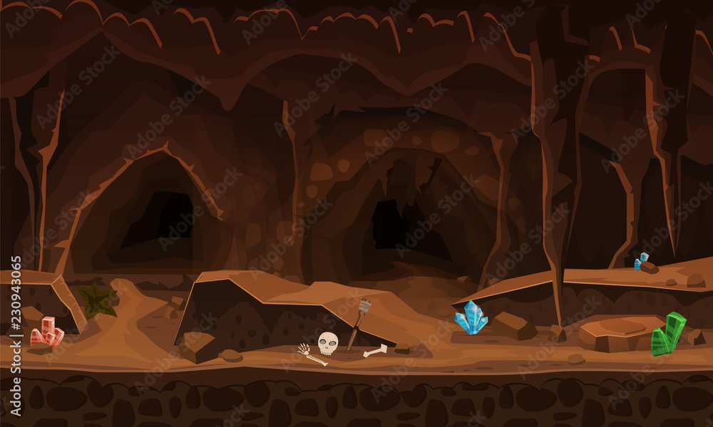 Vettoriale Stock Treasure cave with crystals. Concept, art for computer  game. Background image to use games, apps, banners, graphics. Vector  cartoon illustration | Adobe Stock