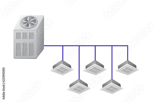 Chiller with Ceiling Cassette indoor units. Air cooling in home and office. Vector illustration.