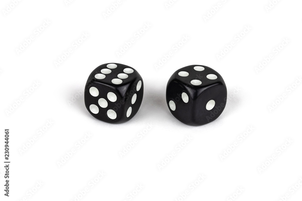 Two black dice isolated on a white background. Six and four. Two black dice isolated on a white background. Six and four.