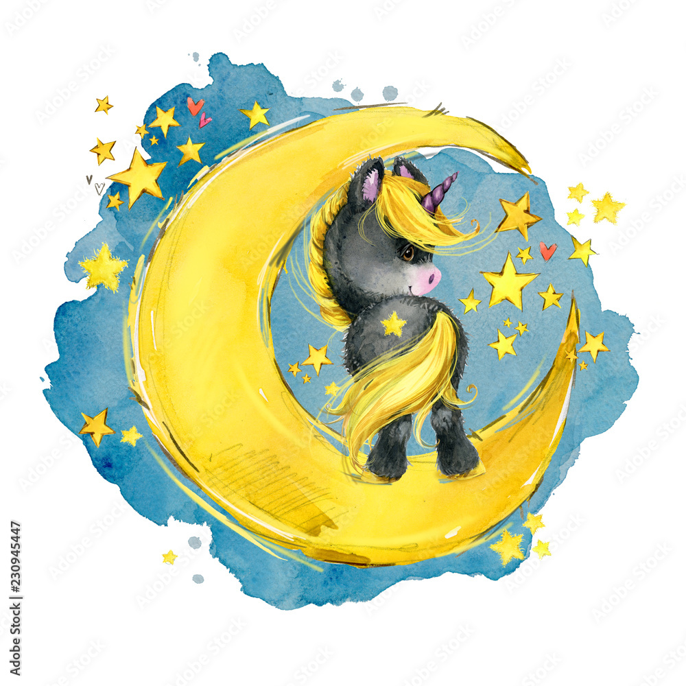 cute unicorn on the moon. watercolor Night fairytale sky illustration ...