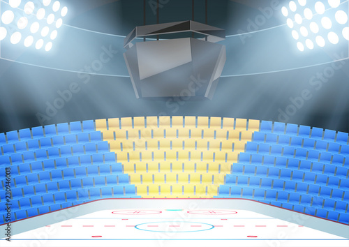 Backgrounds of ice hockey arena with ice place and scoreboard and fan seats. Editable Vector Illustration.