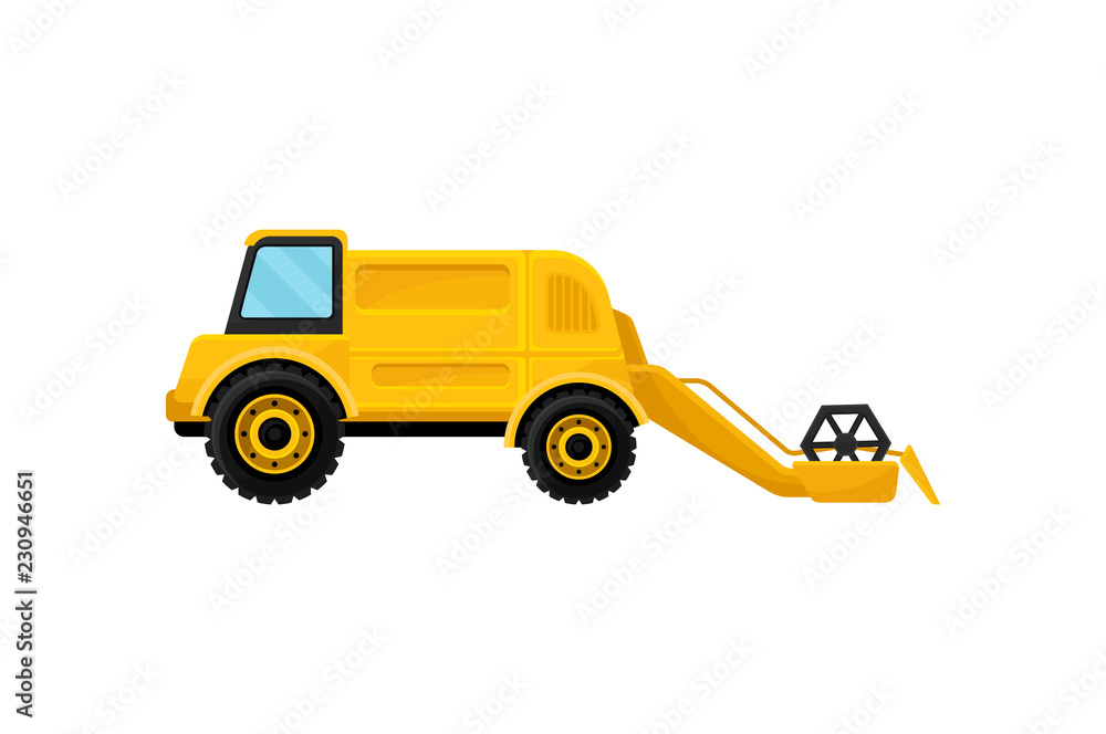 Yellow combine harvester or reaping machine. Heavy machinery. Farm equipment. Agricultural vehicle. Flat vector icon