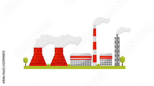 Nuclear power plant with industrial buildings and smoking pipes. Alternative energy theme. Flat vector for poster or banner