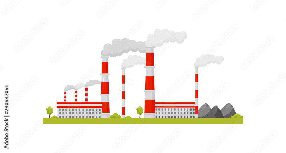 Thermal power station. Industrial buildings and smoking pipes. Renewable natural resource. Energy production. Flat vector design