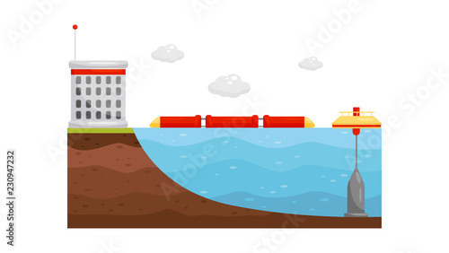 Ocean power station. Alternative electricity production. Wave energy. Renewable natural resource. Flat vector design