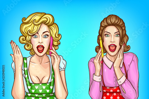 Vector pop art pretty women with excited faces talk on mobile phones, two housewives with open mouths tattle to each other. Girls gossip on cellphones, concept illustration for sale banners