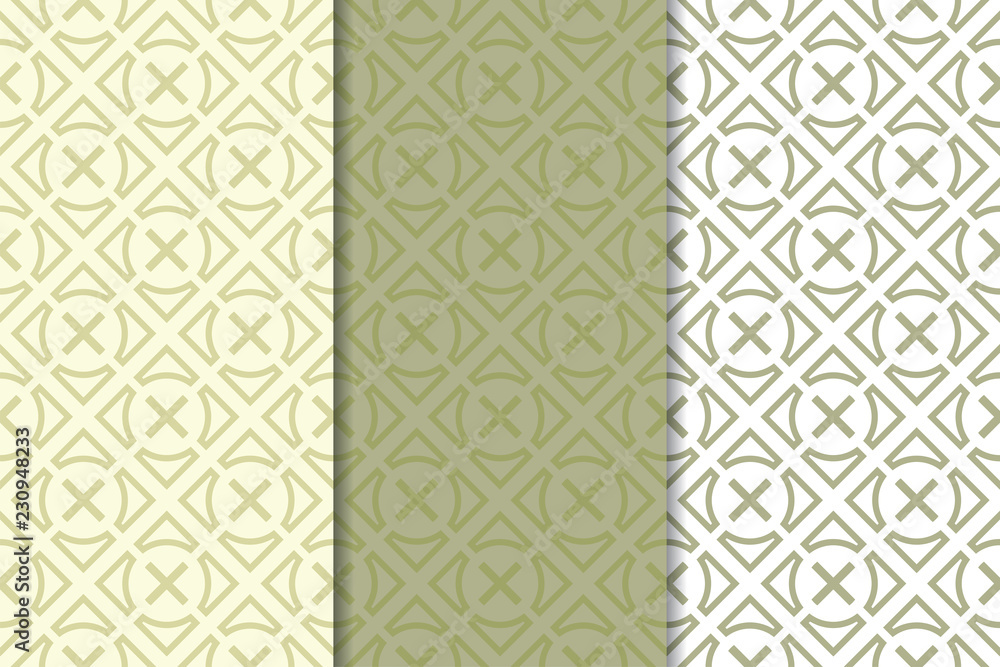 Olive green and white geometric ornaments. Set of seamless patterns Olive green and white geometric ornaments. Set of seamless patterns
