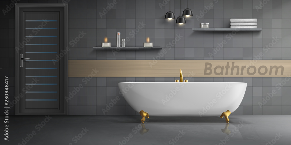 Vector realistic mockup of bathroom interior with big white ceramic  bathtub, golden metal tap, tiled wall with lamps and clean floor. Luxury  washroom, minimalist modern design, concept background Stock Vector | Adobe