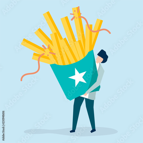 Graphic man holding fries isolated on background