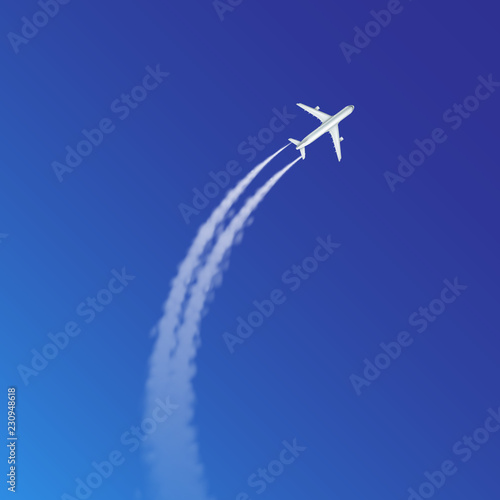 Vector illustration of plane loop and arc track or trails with white smoke on blue sky background
