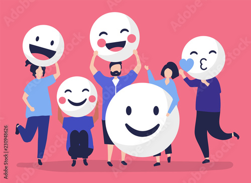 Characters of people holding positive emoticons illustration