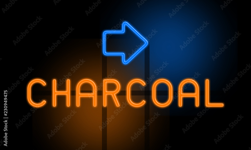 Fototapeta premium Charcoal - orange glowing text with an arrow on dark background