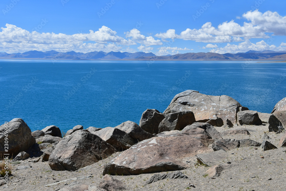 China. Great lakes of Tibet. Lake Teri Tashi Namtso in sunny summer day