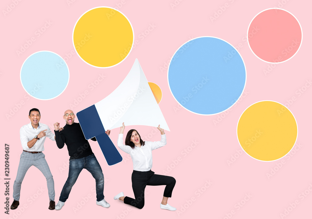 Diverse business people holding a megaphone Diverse business people holding a megaphone
