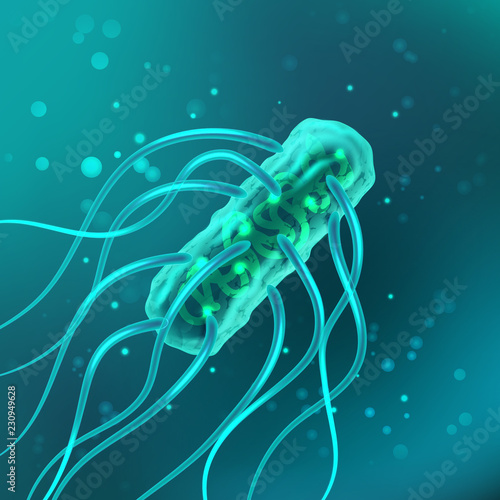 Vector of bacterium, salmonella typhosa with flagella microscopic. Medical, scientific microbe and germ, turquoise