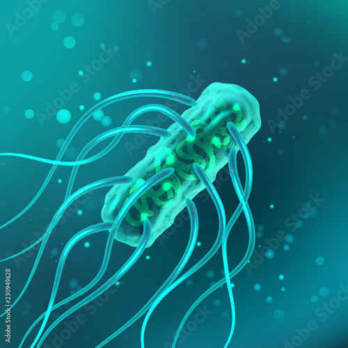 Vector of bacterium, salmonella typhosa with flagella microscopic. Medical, scientific microbe and germ, turquoise photo