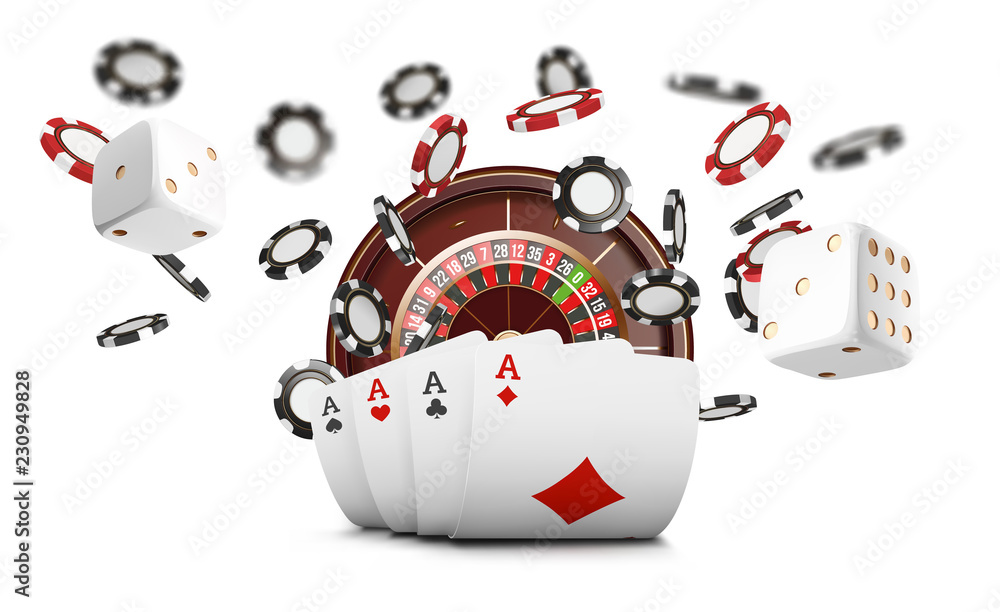 Playing cards and poker chips fly casino. Casino roulette concept on white  background. Poker casino vector illustration. Red and black realistic chip  in the air. Gambling poker mobile app icon. Stock Vector