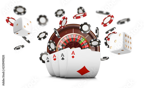 Valokuva Playing cards and poker chips fly casino