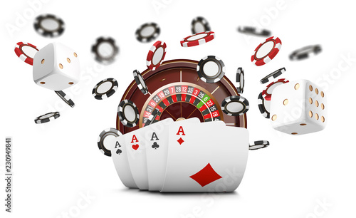 Playing cards and poker chips fly casino. Casino roulette concept on white background. Poker casino vector illustration. Red and black realistic chip in the air. Gambling poker mobile app icon.