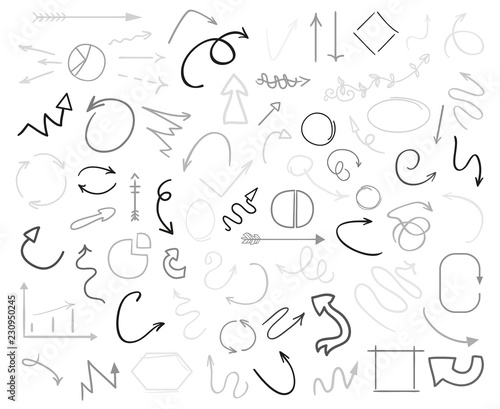 Linear shapes on white. Chaos scribble sketches. Tangled arrows. Backgrounds with array of lines. Black and white illustration. Doodles for design and business
