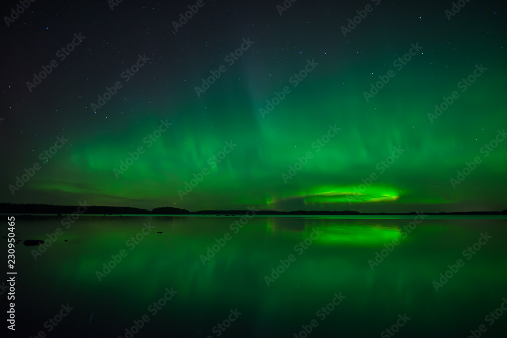 Northern lights dancing over calm lake in Faenebofjarden national park in Sweden
