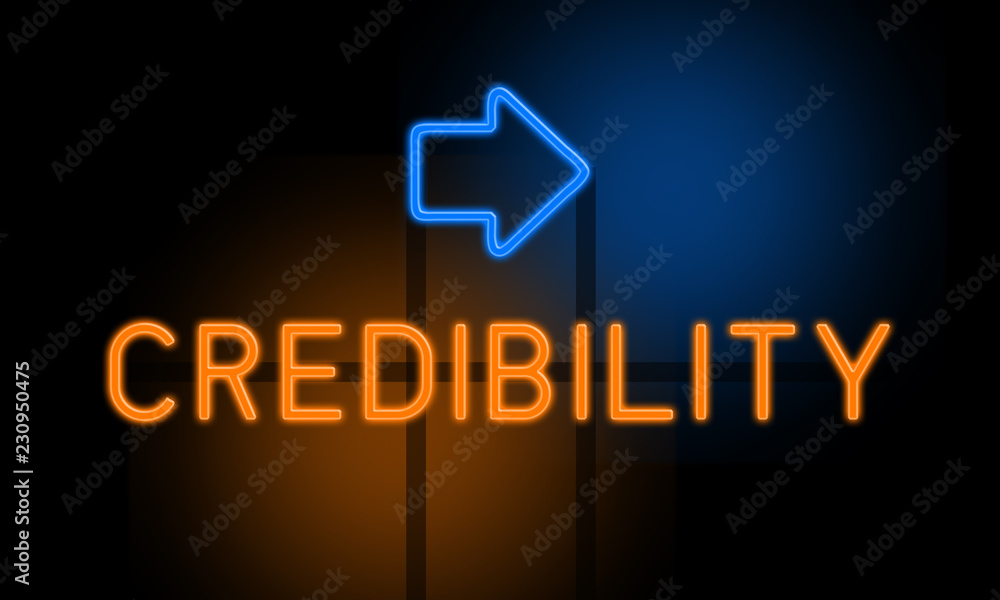 Credibility - orange glowing text with an arrow on dark background