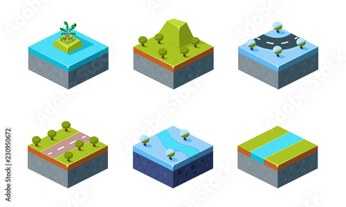 Summer and winter natural landscape set, game platforms, user interface assets for mobile app or video game vector Illustration on a white background