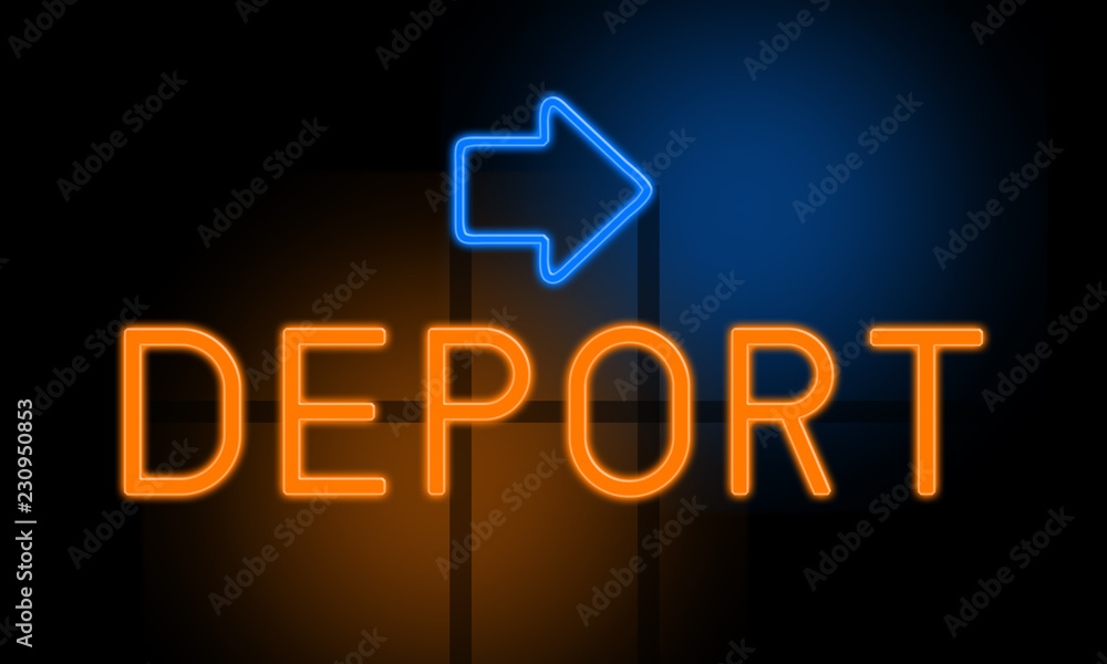 Fototapeta premium Deport - orange glowing text with an arrow on dark background