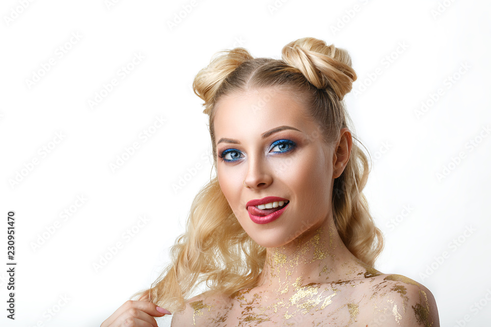 portrait of a beautiful young woman with white hair, with a bright make-up, beautiful eyes, on a white background